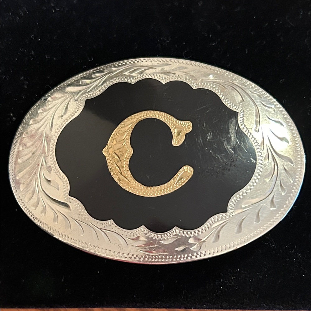 Silver & Black Belt Buckle with Gold Letter C